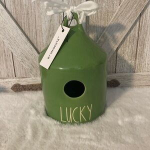Rae Dunn Magenta Green Ceramic Lucky Birdhouse with White Ribbon